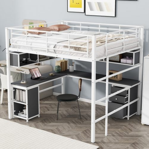 Metal Full Size Loft Bed With Bookcase, Desk And Cabinet