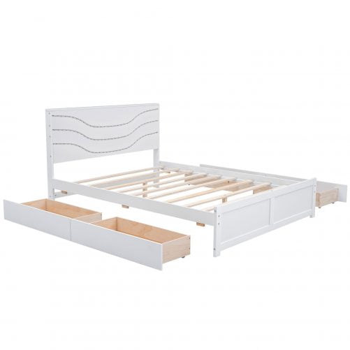 Queen Size Wood Storage Platform Bed with LED and 4 Drawers