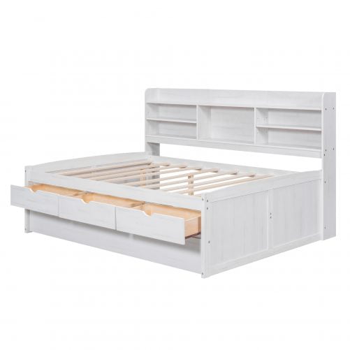Full Size Wooden Captain Bed with Built-in Bookshelves,Three Storage Drawers and Trundle