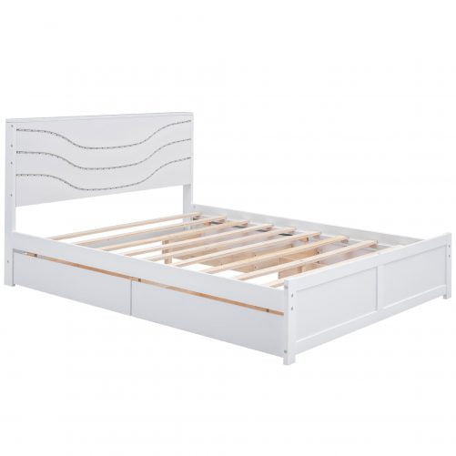 Queen Size Wood Storage Platform Bed with LED and 4 Drawers