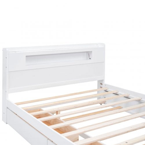 Queen Size Wood Storage Platform Bed with LED, 2 Drawers and 1 Twin Size Trundle