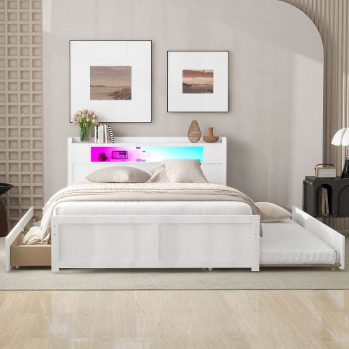 Queen Size Wood Storage Platform Bed with LED, 2 Drawers and 1 Twin Size Trundle