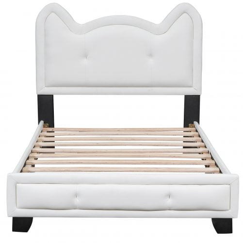 Twin Size Upholstered Platform Bed With Carton Ears Shaped Headboard