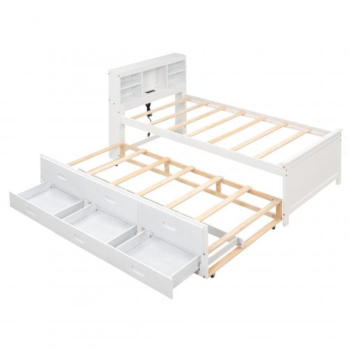 Twin Size Platform Bed With Storage Headboard, Usb, Twin Size Trundle And 3 Drawers