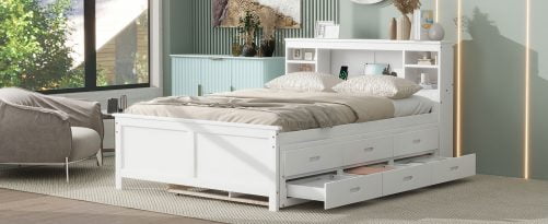Full Size Platform Bed with Storage Headboard, USB, Twin Size Trundle and 3 Drawers