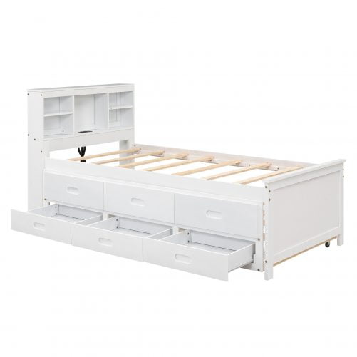 Twin Size Platform Bed With Storage Headboard, Usb, Twin Size Trundle And 3 Drawers