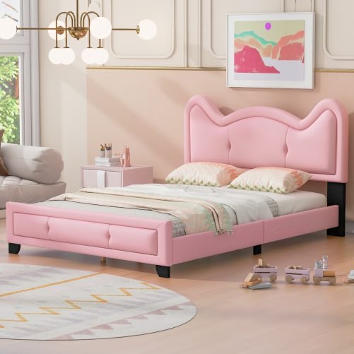 Full Size Upholstered Platform Bed with Carton Ears Shaped Headboard