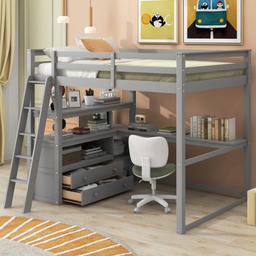 Full Size Loft Bed with Desk and Shelves,Two Built-in Drawers
