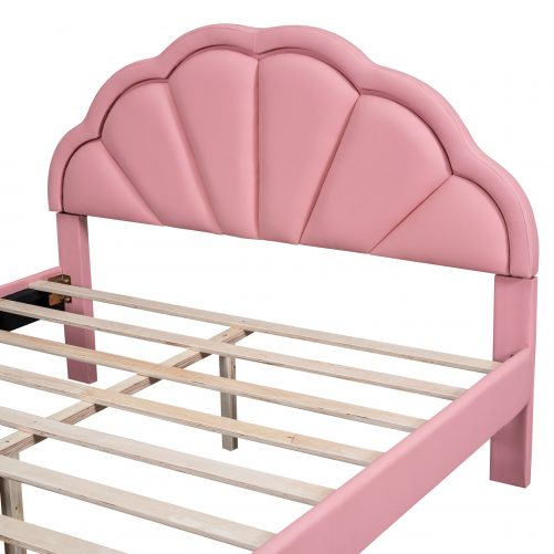 Queen Size Upholstered Platform Bed With Seashell Shaped Headboard, LED And 2 Drawers