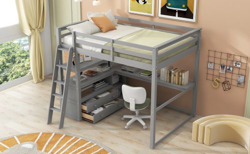 Full Size Loft Bed with Desk and Shelves,Two Built-in Drawers