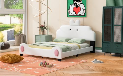 Full Size Upholstered Platform Bed With Cartoon Headboard And Footboard