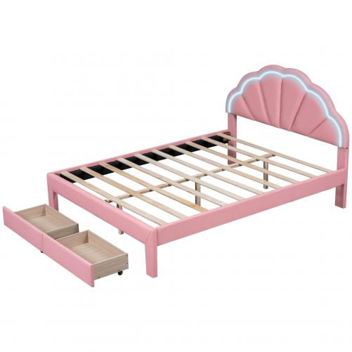 Queen Size Upholstered Platform Bed With Seashell Shaped Headboard, LED And 2 Drawers