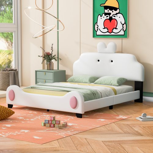 Full Size Upholstered Platform Bed With Cartoon Headboard And Footboard