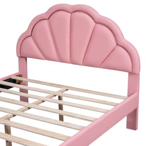 Full Size Upholstered Platform Bed with Seashell Shaped Headboard, LED and 2 Drawers