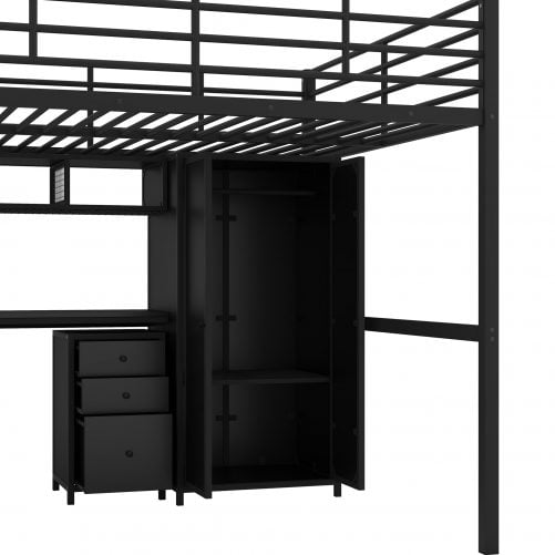 Metal Loft Bed With Table Set And Wardrobe, Full Size