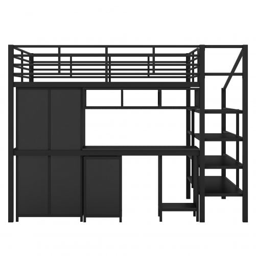 Metal Loft Bed With Table Set And Wardrobe, Full Size