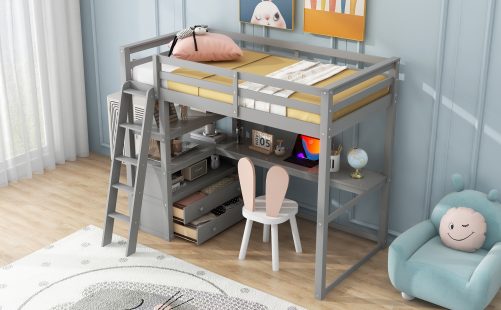 Wood Twin Size Loft Bed with Desk and Shelves, Two Built-in Drawers