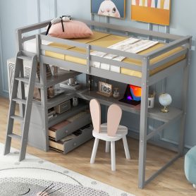 Wood Twin Size Loft Bed with Desk and Shelves, Two Built-in Drawers