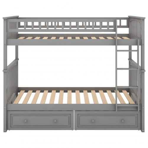 Wood Twin Over Twin Bunk Bed With Drawers, Convertible Beds