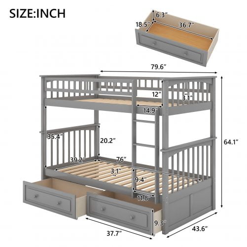 Wood Twin Over Twin Bunk Bed With Drawers, Convertible Beds