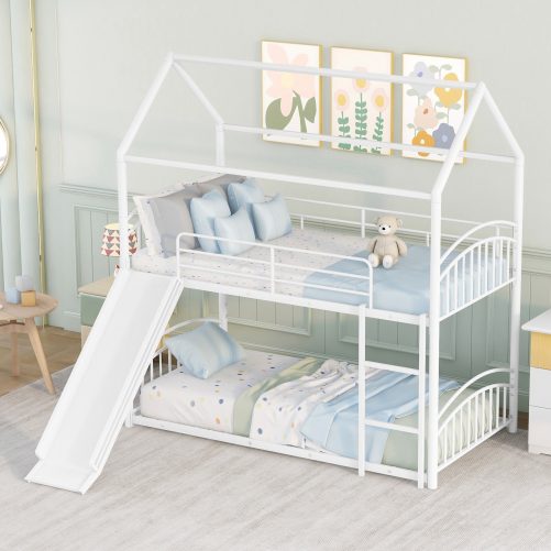 House Shape Twin Over Twin Metal Bunk Bed With Slide