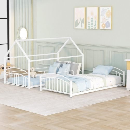 House Shape Twin Over Twin Metal Bunk Bed With Slide