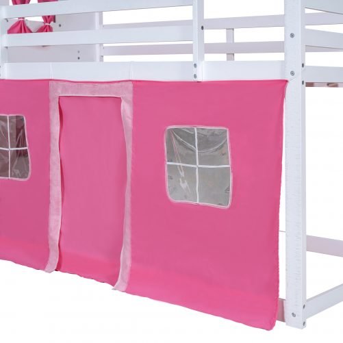 Full Size Bunk Wood House Bed with Elegant Windows, Sills and Tent
