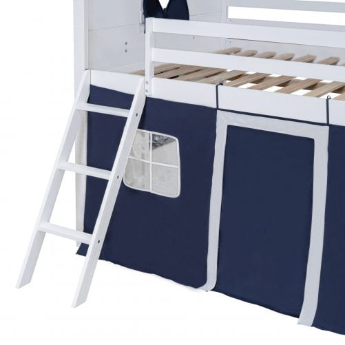 Twin Size Bunk Wood House Bed with Elegant Windows, Sills and Tent