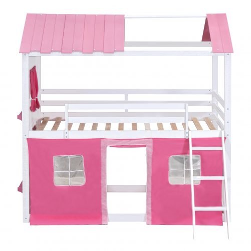 Full Size Bunk Wood House Bed with Elegant Windows, Sills and Tent