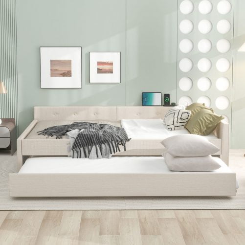 Queen Size Upholstered Platform Bed with USB and Twin Size Trundle