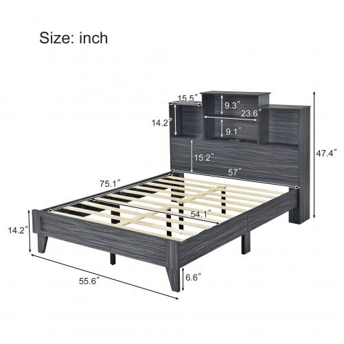 Full Size Platform Bed Frame With 4 Open Storage Shelves And USB Charging Design
