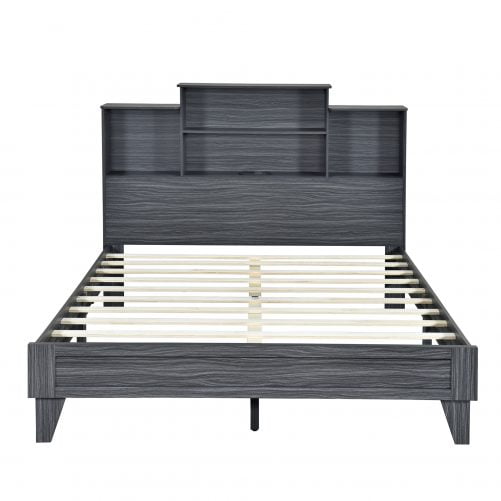 Queen Size Platform Bed Frame With 4 Open Storage Shelves And USB Charging Design