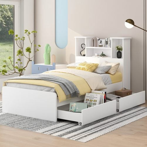 Twin Size Platform Bed Frame With 4 Open Storage Shelves And 2 Storage Drawers