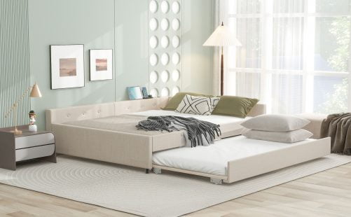 Queen Size Upholstered Platform Bed with USB and Twin Size Trundle