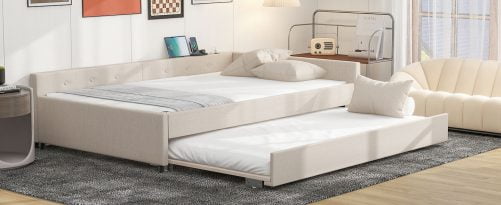Full Size Upholstered Platform Bed with USB and Twin Size Trundle