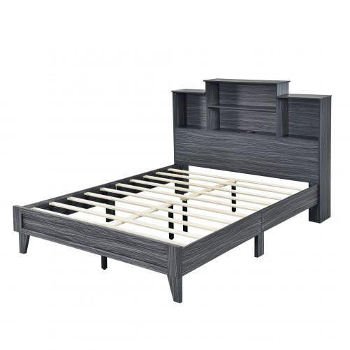 Queen Size Platform Bed Frame With 4 Open Storage Shelves And USB Charging Design