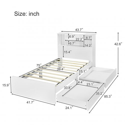 Twin Size Platform Bed Frame With 4 Open Storage Shelves And 2 Storage Drawers