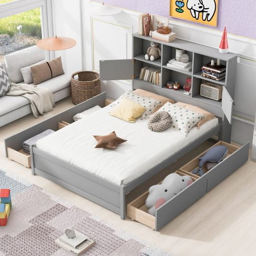 Full Size Platform Bed with Storage Headboard, Charging Station and 4 Drawers