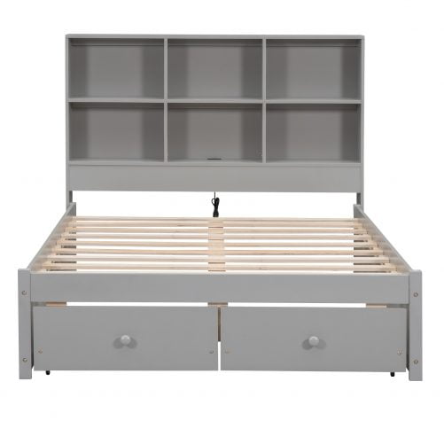 Full Size Platform Bed With Storage Headboard, Charging Station And 2 Drawers