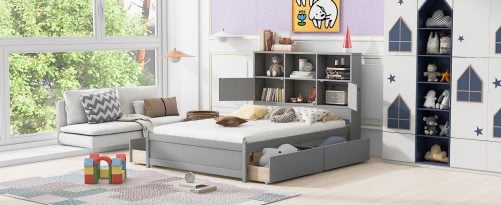 Full Size Platform Bed with Storage Headboard, Charging Station and 4 Drawers