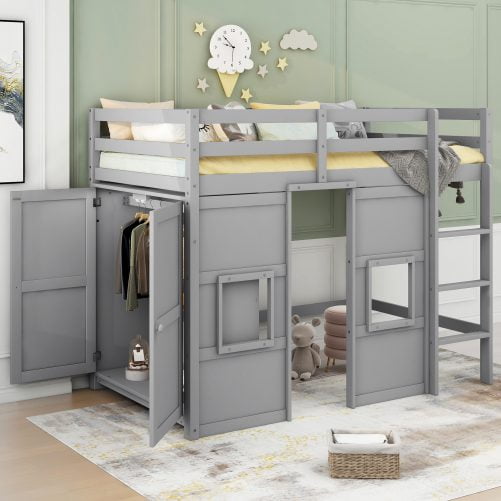 Wood Twin Size Loft Bed with Built-in Storage Wardrobe and 2 Windows