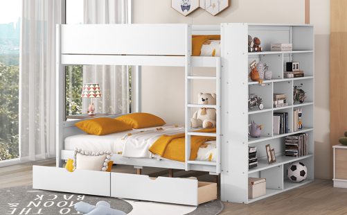 Full over Full Bunk Bed With 2 Drawers and Multi-layer Cabinet