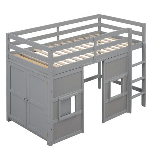Wood Twin Size Loft Bed with Built-in Storage Wardrobe and 2 Windows