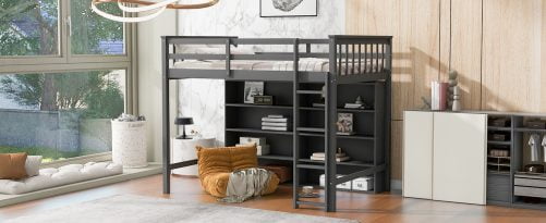 Twin Size Loft Bed with 8 Open Storage Shelves and Built-in Ladder