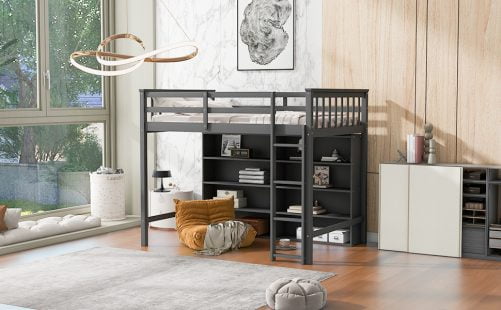 Twin Size Loft Bed with 8 Open Storage Shelves and Built-in Ladder