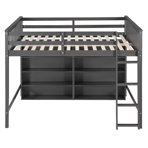 Full Size Loft Bed with 8 Open Storage Shelves and Built-in Ladder