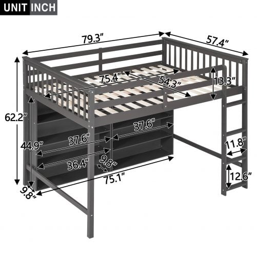 Full Size Loft Bed with 8 Open Storage Shelves and Built-in Ladder