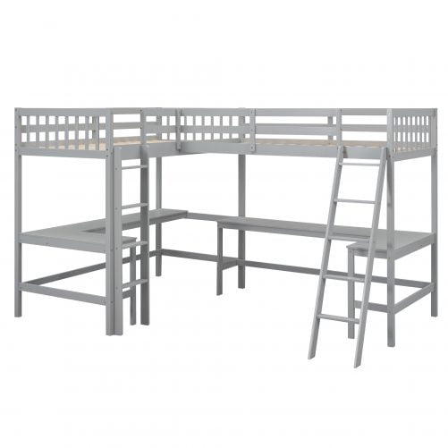 Wood Twin Size L-Shaped Loft Bed with Ladder and 2 Built-in L-Shaped Desks