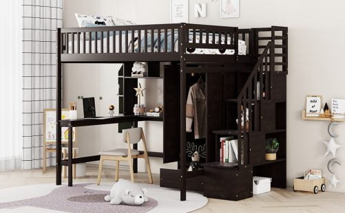 Full Size Loft Bed With Bookshelf, Staircase, Desk and Wardrobe
