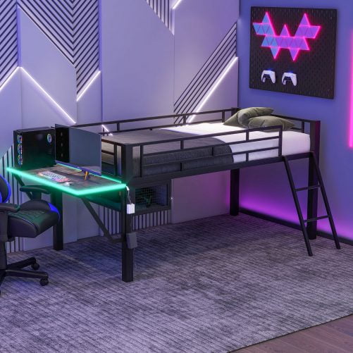Gaming Mid Loft Bed With Desk and LED, Twin Size